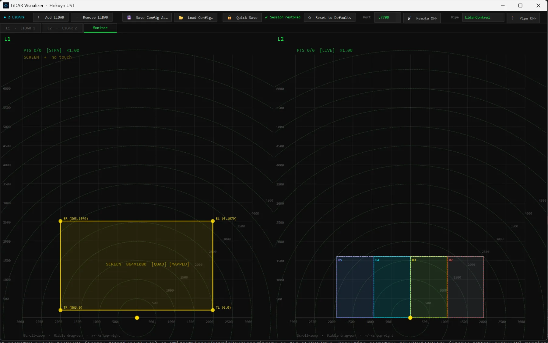 The Monitor tab showing two LiDAR feeds side by side, one mapped to a screen and one with boundary zones