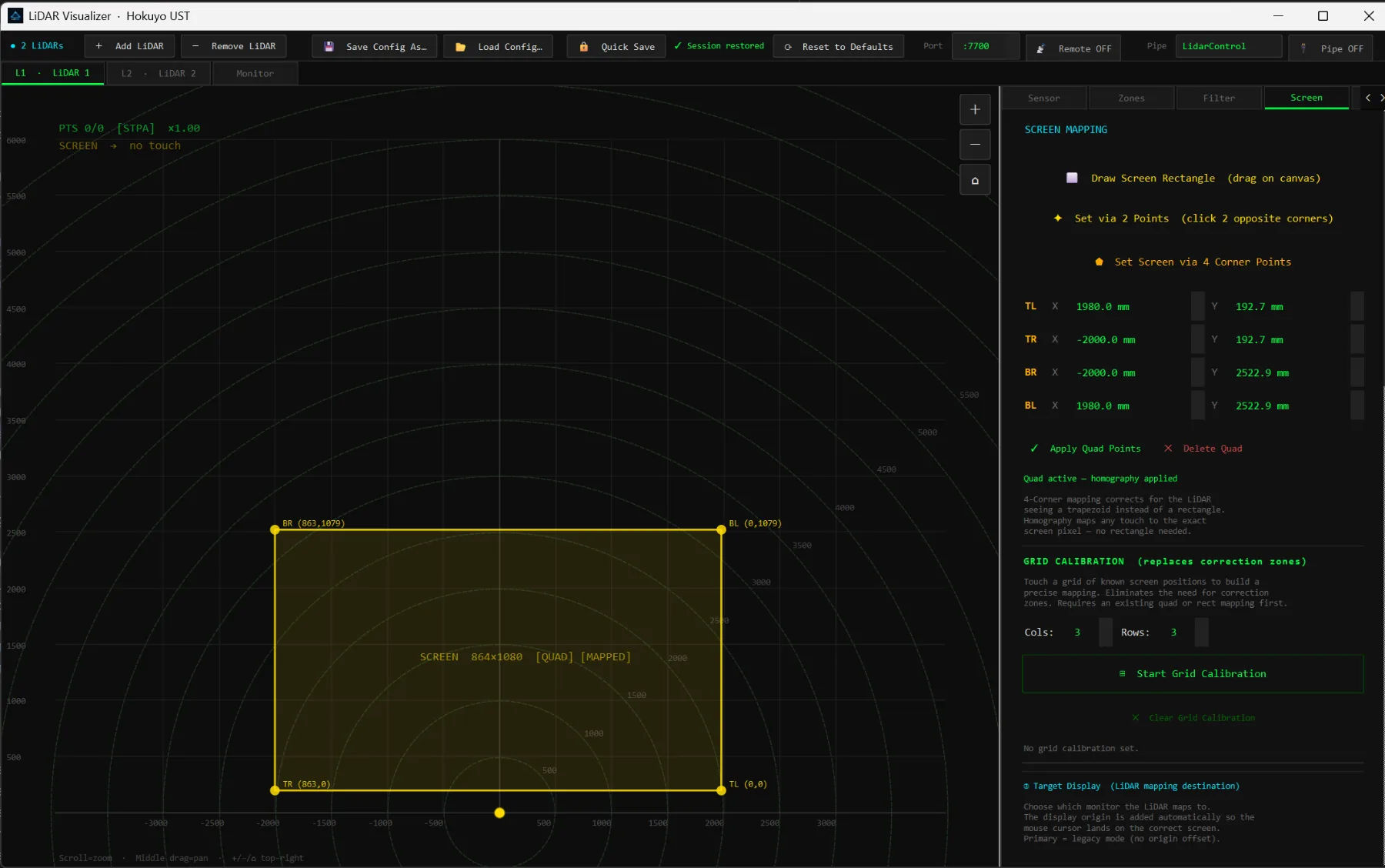 The Screen tab showing four-corner quad mapping and grid calibration controls