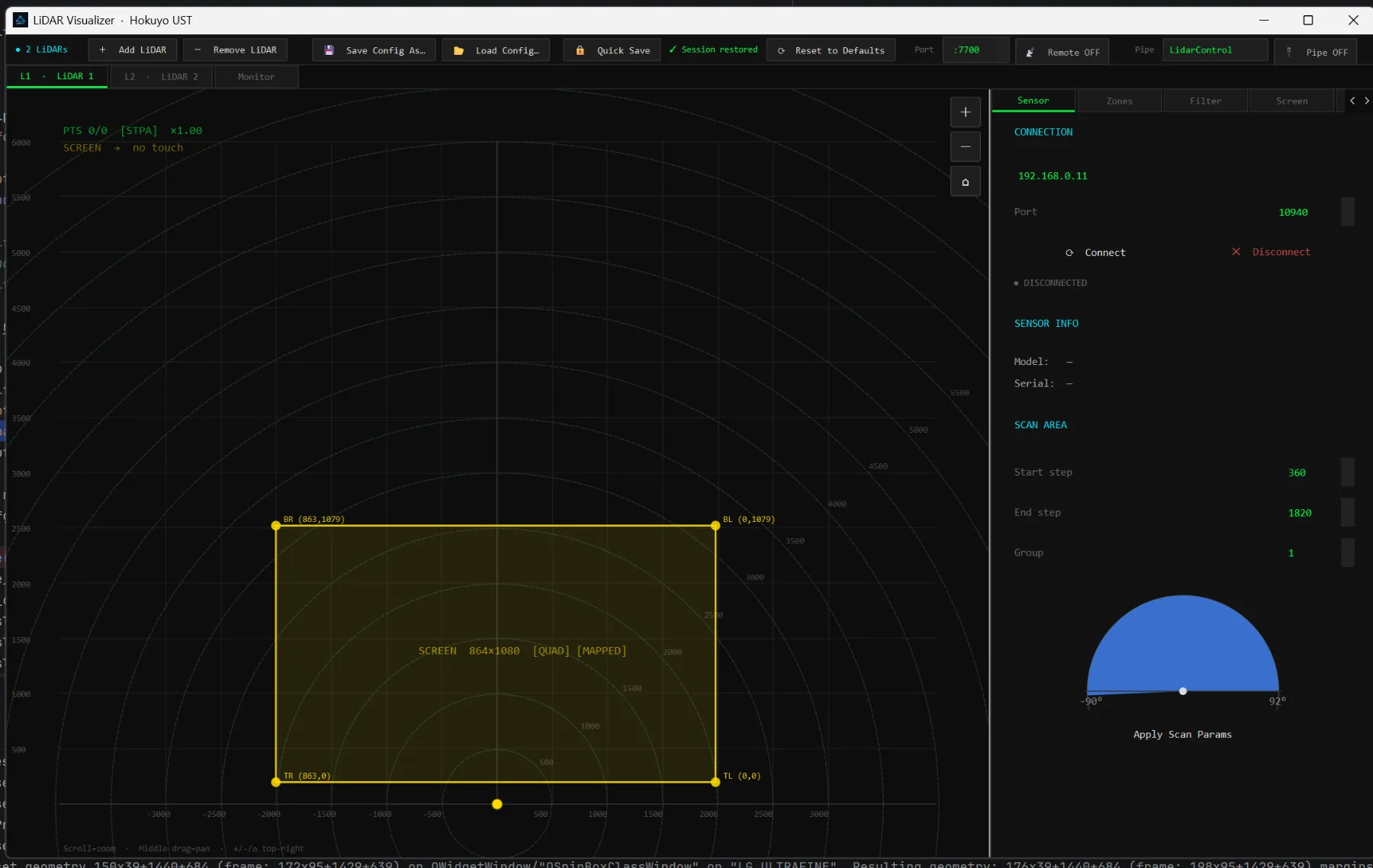 The Sensor tab with connection settings, scan area and the live point canvas