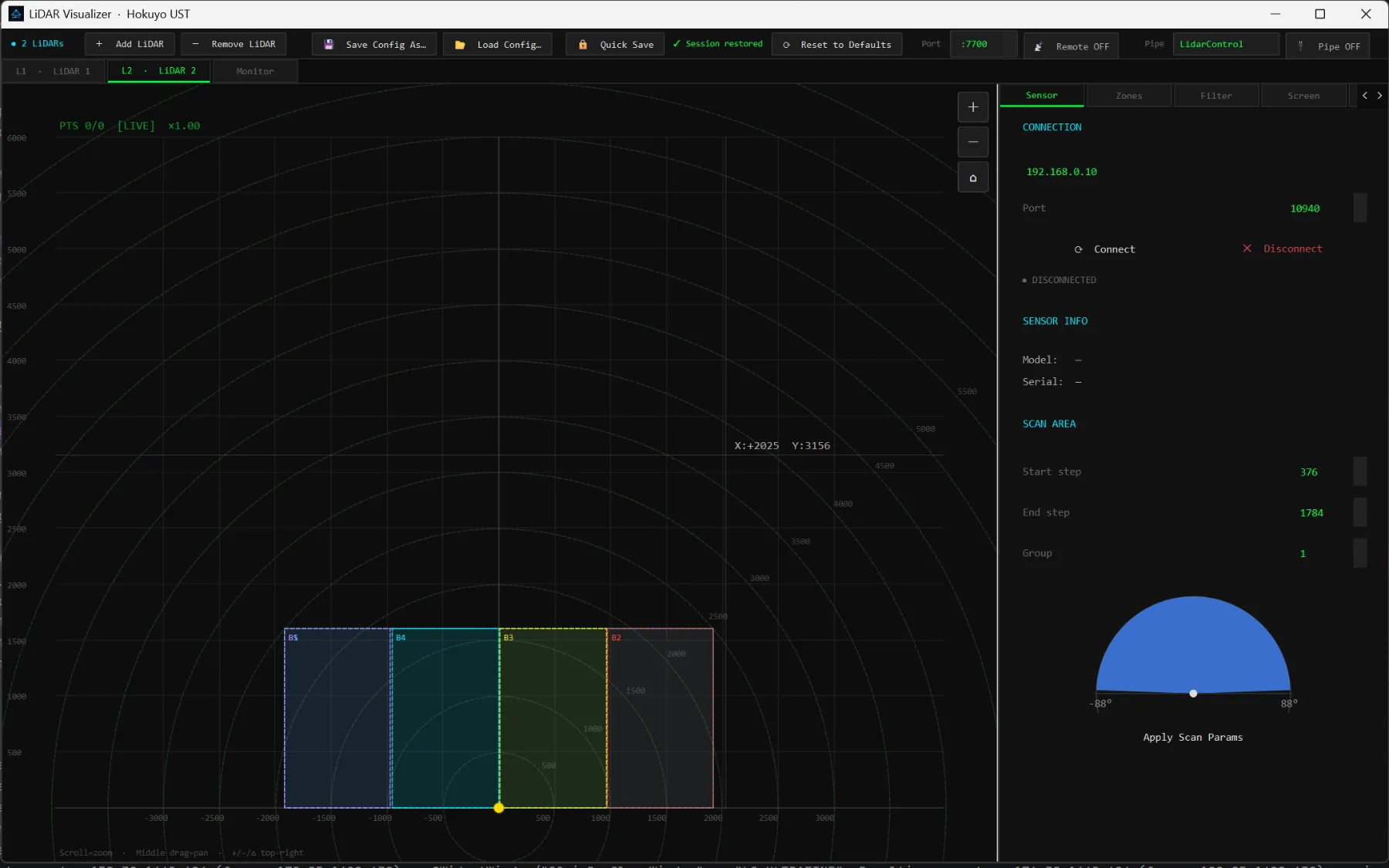 Four boundary rectangles laid out across the second sensor's field