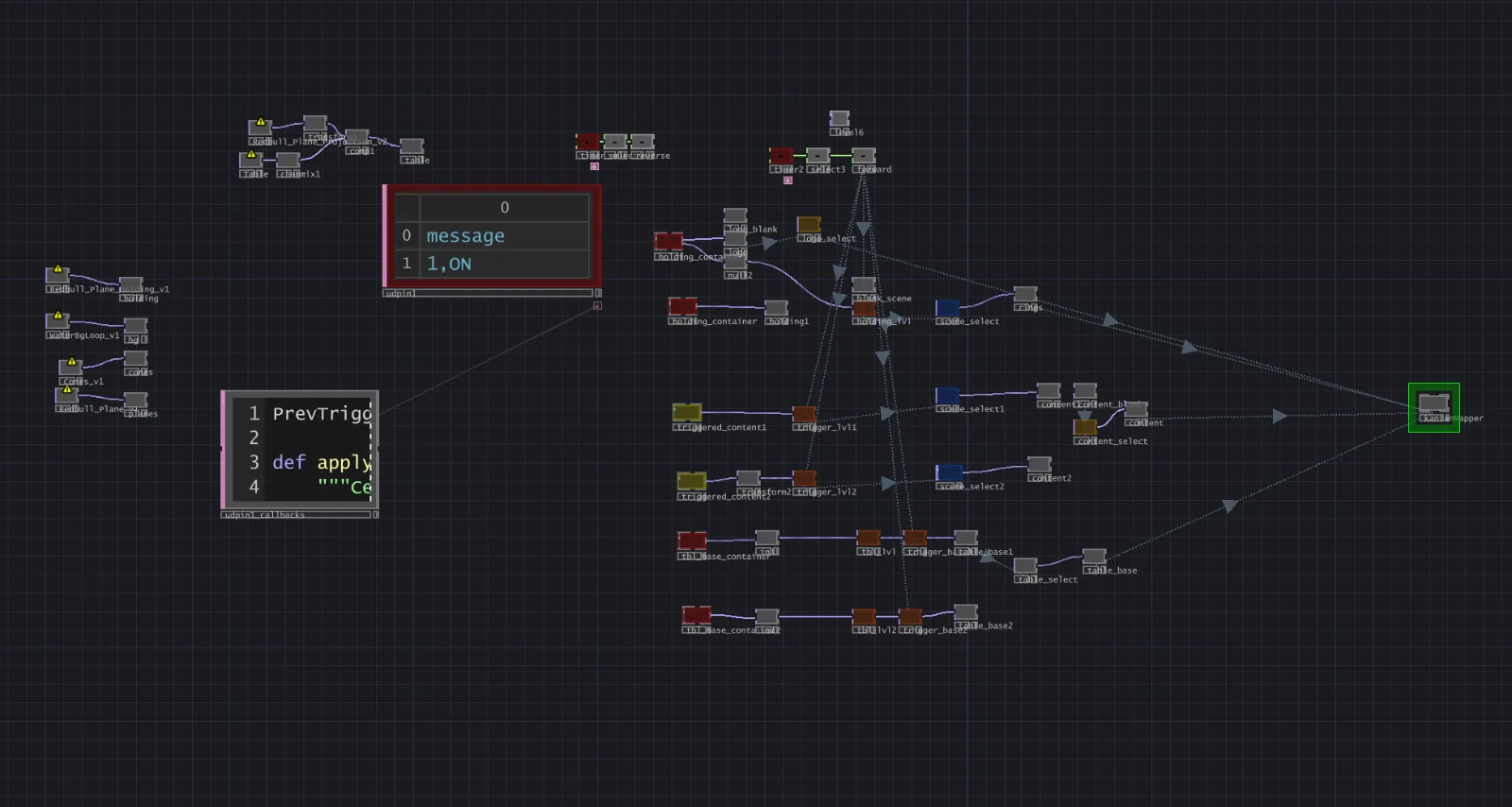 The TouchDesigner network receiving Kinect zone events, from UDP input through to the final output node
