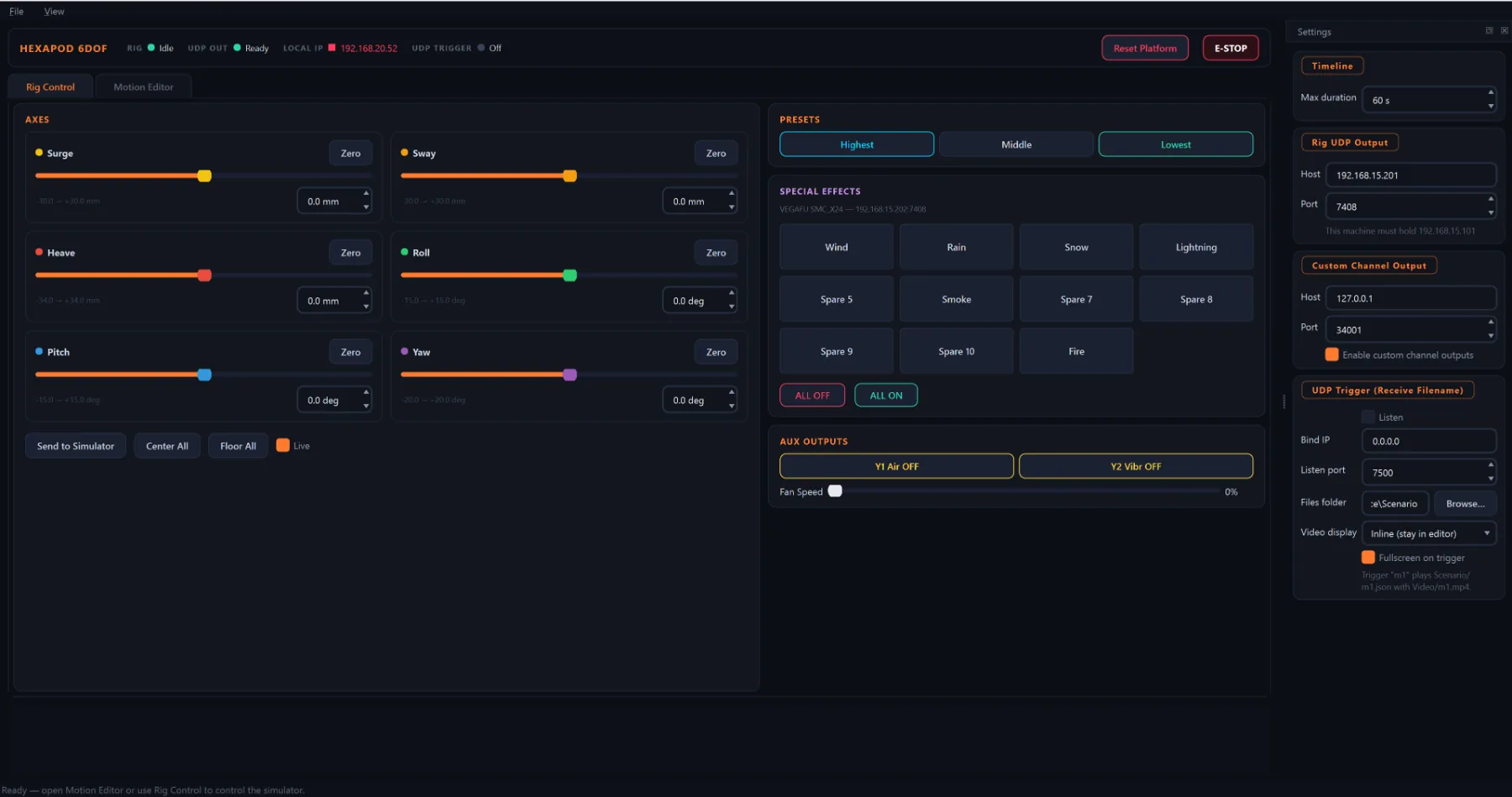 The Rig Control tab with per-axis sliders, special effects and auxiliary outputs