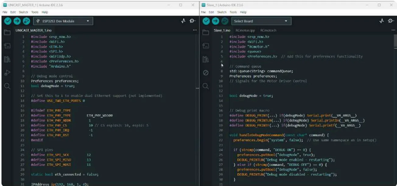 Master and slave firmware sketches side by side in the Arduino IDE