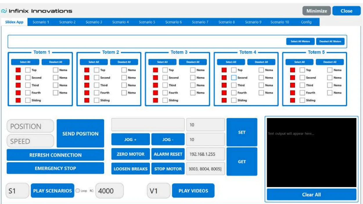 The Slidex operator application, showing per-totem motor selection and scenario playback